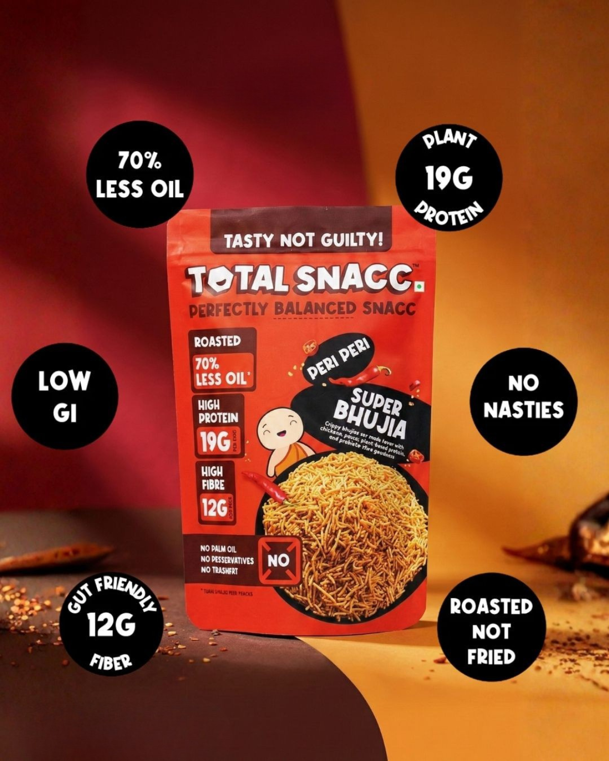 A package of Total Snacc Super Bhujia snack is shown against a split dark red and orange background with several black circular callout badges highlighting product benefits like plant protein, low GI, and roasted not fried.